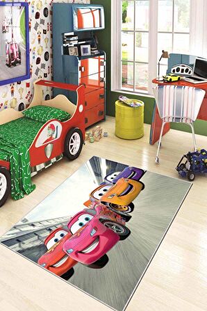 Turuncu Kaymaz Tabanlı Yıkanabilir Arabalı Çocuk Halısı KD48