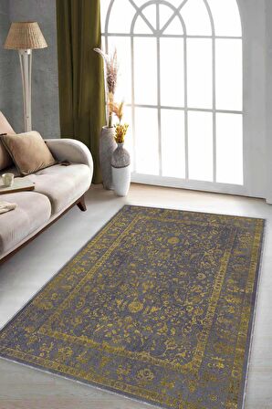 Sarı Vintage Kaymaz Tabanlı Makinede Yıkanabilir Halı KR026