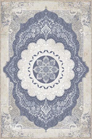 Mavi Klasik Göbekli Kaymaz Tabanlı Dekoratif Halı MK109