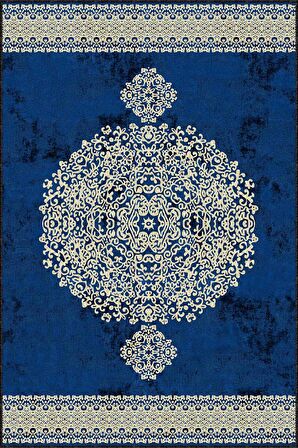 Mavi Klasik Göbekli Kaymaz Tabanlı Dekoratif Halı MK15