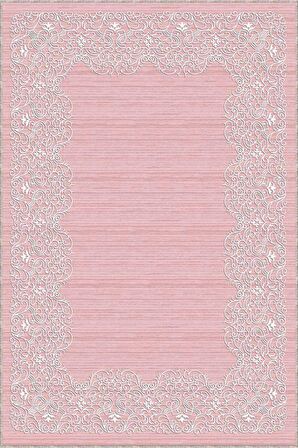 Pembe Çerçeveli Kaymaz Taban Makinede Yıkanabilir Halı MK54