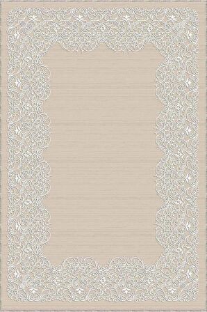 Bej Çerçeveli Kaymaz Tabanlı Makinede Yıkanabilir Halı MK55