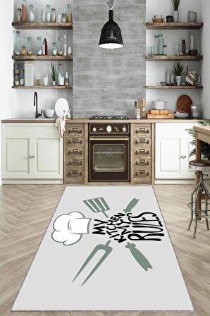 Gri Kaymaz Tabanlı My Kitchen My Rules Mutfak Halısı MT01
