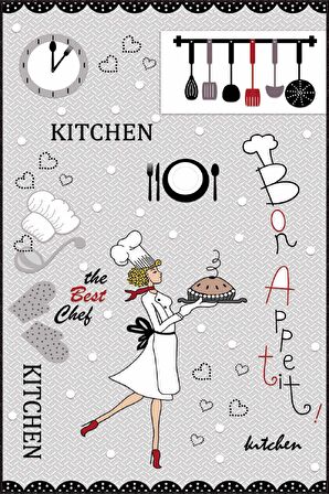 Gri Kaymaz Taban Yıkanabilir Aşçı Desenli Mutfak Halısı MT02