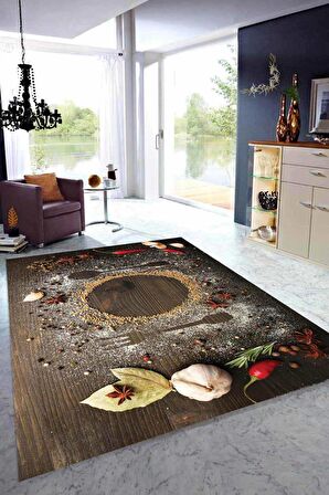 Kahve Kaymaz Tabanlı Yıkanan 3D Baharatlı Mutfak Halısı MT24