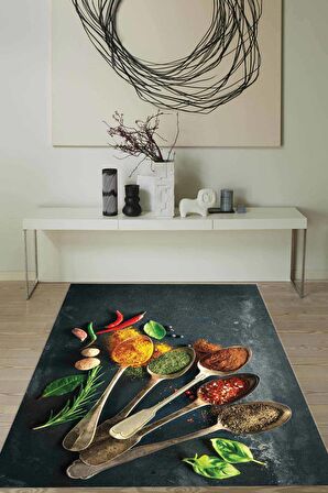 Renkli Kaymaz Tabanlı 3D Baharat Desenli Mutfak Halısı MT34