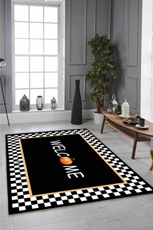 Siyah Kaymaz Tabanlı Bal Kabağı Desenli Mutfak Halısı MT39