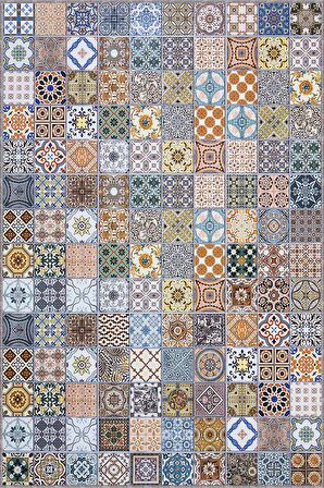 Mavi Çini Desen Kaymaz Taban Makinede Yıkanabilir Halı MX03