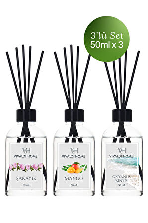 Şakayık, Mango, Okyanus Esintisi Çubuklu Oda Kokusu Esansiyel Uçucu Yağ 50 ml x 3'lü Set