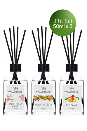 Japon Kiraz Çiçeği, Mandalina, Mango Çubuklu Oda Kokusu Esansiyel Uçucu Yağ 50 ml x 3'lü Set