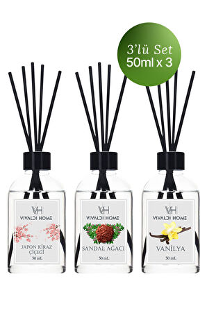 Japon Kiraz Çiçeği, Sandal Ağacı, Vanilya Çubuklu Oda Kokusu Esansiyel Uçucu Yağ 50 ml x 3'lü Set