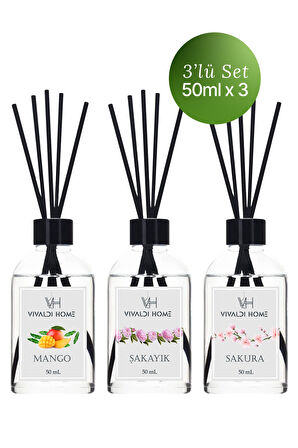 Mango Şakayık Sakura Çubuklu Oda Kokusu Esansiyel Uçucu Yağ 50 ml x 3'lü Set