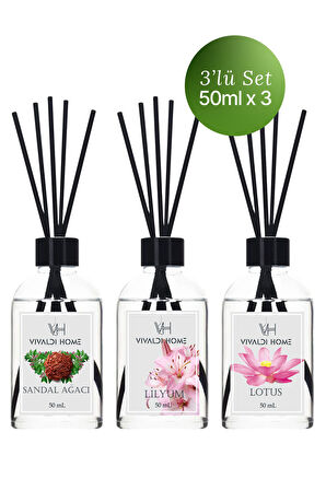 Sandal Ağacı, Lilyum, Lotus Çubuklu Oda Kokusu Esansiyel Uçucu Yağ 50 ml x 3'lü Set