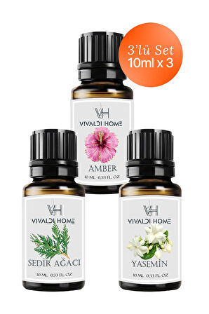 Amber, Sedir Ağacı, Yasemin Uçucu Yağ Buhurdanlık Yağı 10ml x 3'lü Set