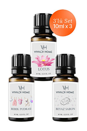 Lotus, Bebek Pudrası, Beyaz Sabun Uçucu Yağ Buhurdanlık Yağı 10ml x 3'lü Set