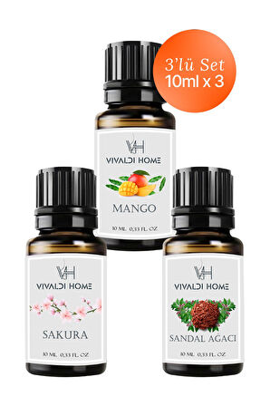 Mango, Sakura, Sandal Ağacı Uçucu Yağ Buhurdanlık Yağı 10ml x 3'lü Set