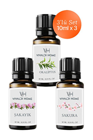 Okaliptus, Şakayık, Sakura Uçucu Yağ Buhurdanlık Yağı 10ml x 3'lü Set