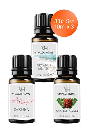 Okyanus Esintisi, Sakura, Sandal Ağacı Uçucu Yağ Buhurdanlık Yağı 10ml x 3'lü Set