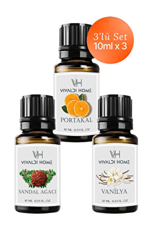 Portakal, Sandal Ağacı, Vanilya Uçucu Yağ Buhurdanlık Yağı 10ml x 3'lü Set