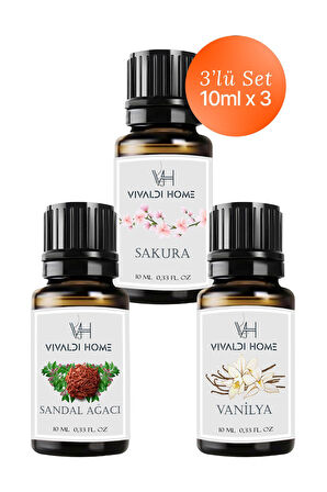 Sakura, Sandal Ağacı, Vanilya Uçucu Yağ Buhurdanlık Yağı 10ml x 3'lü Set