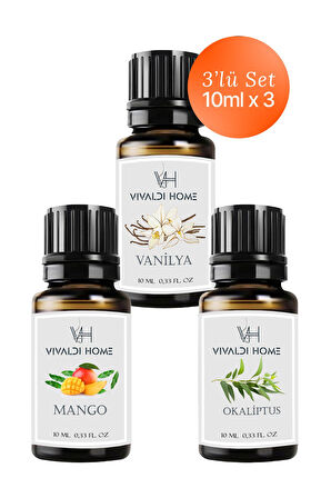 Vanilya, Mango, Okaliptus Uçucu Yağ Buhurdanlık Yağı 10ml x 3'lü Set