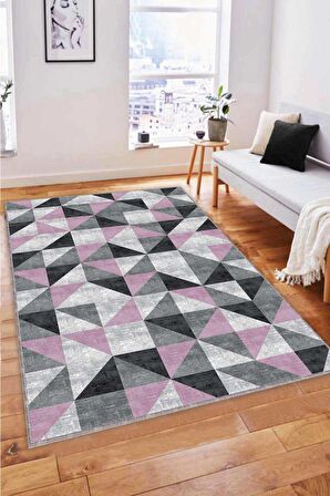 Pembe Geometrik Kaymaz Taban Makinede Yıkanabilir Halı PR06