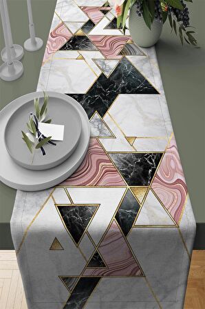Pembe Geometrik Desenli Premium Masa Örtüsü Runner RNR092
