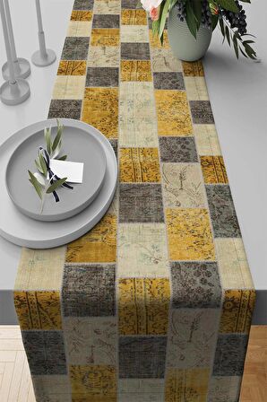 Sarı Patchwork Desenli Premium Masa Örtüsü Runner RNR296