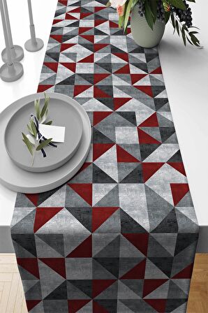 Bordo Geometrik Desenli Premium Masa Örtüsü Runner RNR383