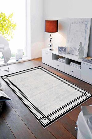 Gri Çerçeveli Kaymaz Tabanlı Makinede Yıkanabilir Halı RV053