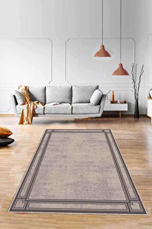 Bej Çerçeveli Kaymaz Tabanlı Makinede Yıkanabilir Halı RV055