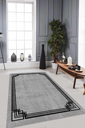 Gri Çerçeveli Kaymaz Tabanlı Makinede Yıkanabilir Halı RV073