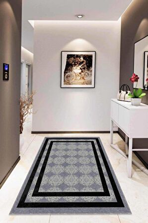 Gri Çerçeveli Kaymaz Tabanlı Makinede Yıkanabilir Halı RV085