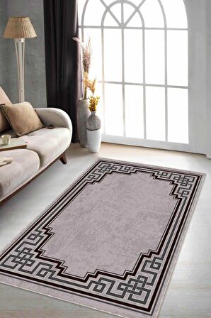 Bej Çerçeveli Kaymaz Tabanlı Makinede Yıkanabilir Halı RV091