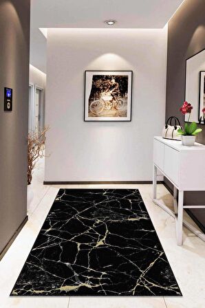 Siyah Mermer Desenli Kaymaz Tabanlı Dekoratif Halı RV118