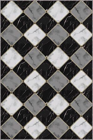 Siyah Mermer Görünümlü Kaymaz Tabanlı Dekoratif Halı RV138