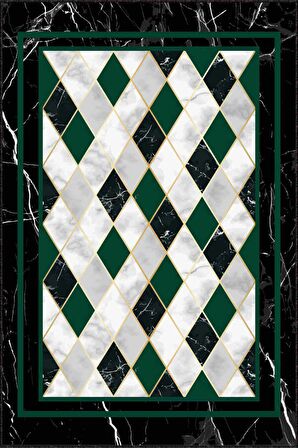 Yeşil Geometrik Kaymaz Taban Makinede Yıkanabilir Halı RV144