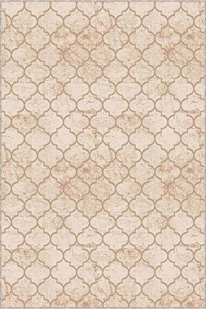 Bej Fas Desen Kaymaz Tabanlı Makinede Yıkanabilir Halı RV155