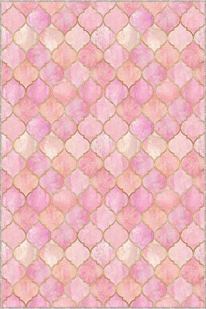 Pembe Fas Desen Kaymaz Taban Makinede Yıkanabilir Halı RV159