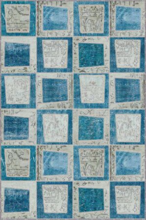 Turkuaz Patchwork Kaymaz Tabanlı Dekoratif Halı RV224