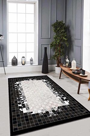 Siyah Deri Görünümlü Kaymaz Tabanlı Dekoratif Halı RV245