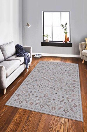 Gri Vintage Kaymaz Tabanlı Makinede Yıkanabilir Halı RV293