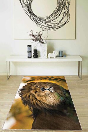 Bej Aslan Desenli Kaymaz Tabanlı Dekoratif Halı RV317