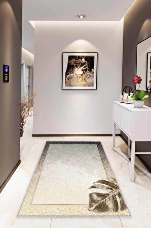 Bej Modern Klasik Kaymaz Tabanlı Dekoratif Halı RV356