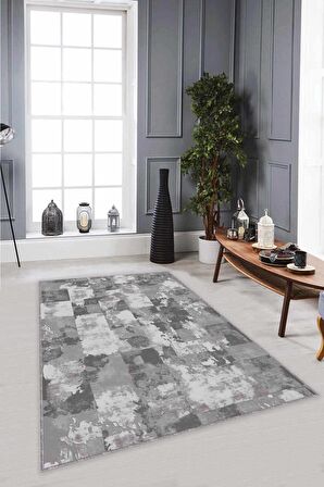 Gri Vintage Kaymaz Tabanlı Makinede Yıkanabilir Halı SU05