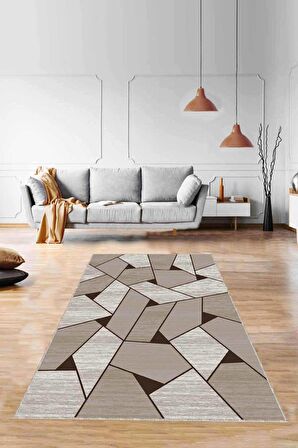 Bej Geometrik Kaymaz Tabanlı Makinede Yıkanabilir Halı WL08