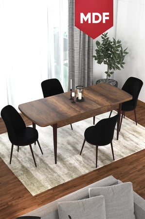 Via Serisi MDF 80x132 Açılabilir Mutfak Masası Takımı Barok Desen Masa 4 Siyah Sandalye