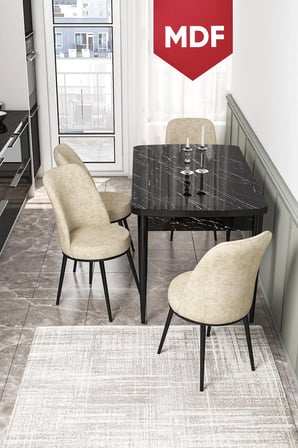 Via Serisi 80x132 MDF Açılabilir Mutfak Masası Takımı Siyah Mermer Desen Masa 4 Krem Sandalye