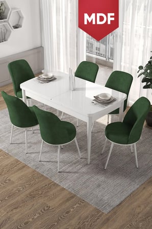 Via Serisi MDF 80x132 Açılabilir Mutfak Masası Takımı Beyaz Masa 6 Haki Yeşil Sandalye