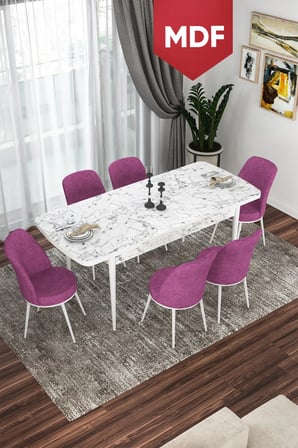 Via Serisi MDF 80x132 Açılabilir Mutfak Masası Takımı Beyaz Mermer Desen Masa 6 Mor Sandalye